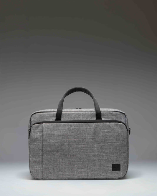 Herschel Supply Co. Bowen Convertible Travel Duffle Tech bag in Raven Crosshatch grey fabric, showcasing a clean, modern structured silhouette.