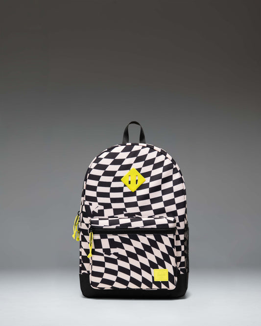 Herschel Heritage Kids Backpack in Warp Check pattern, featuring a front storage pocket and signature diamond detail.
