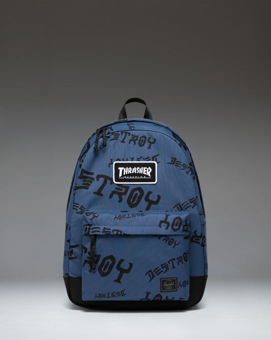 Herschel Supply Co. x Thrasher Classic XL Backpack in Oceana and Dark Navy Destroy nylon fabric, featuring logo patches on the front pocket.