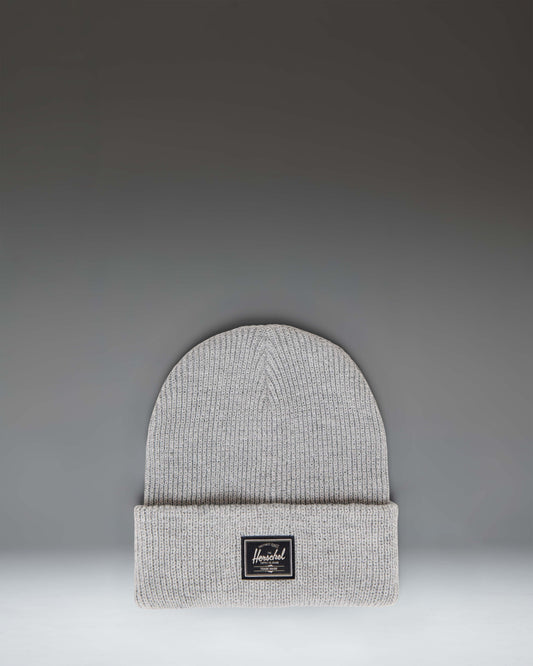 Herschel Supply Co. Elmer Reflective Ribbed Beanie in Heather Light Grey Reflective, featuring a classic cuffed design and woven logo label.