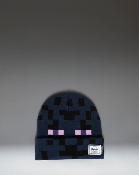 Herschel Supply Co. Minecraft Elmer Kids Beanie in Enderman purple and black with an adjustable cuff and a pixelated Minecraft logo patch.