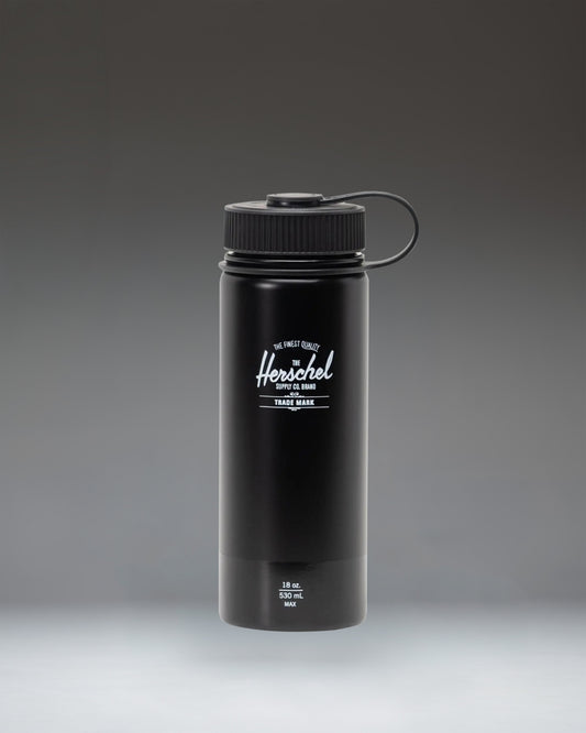 Herschel Supply Co. matte black insulated 18oz water bottle with a gloss finish logo band.