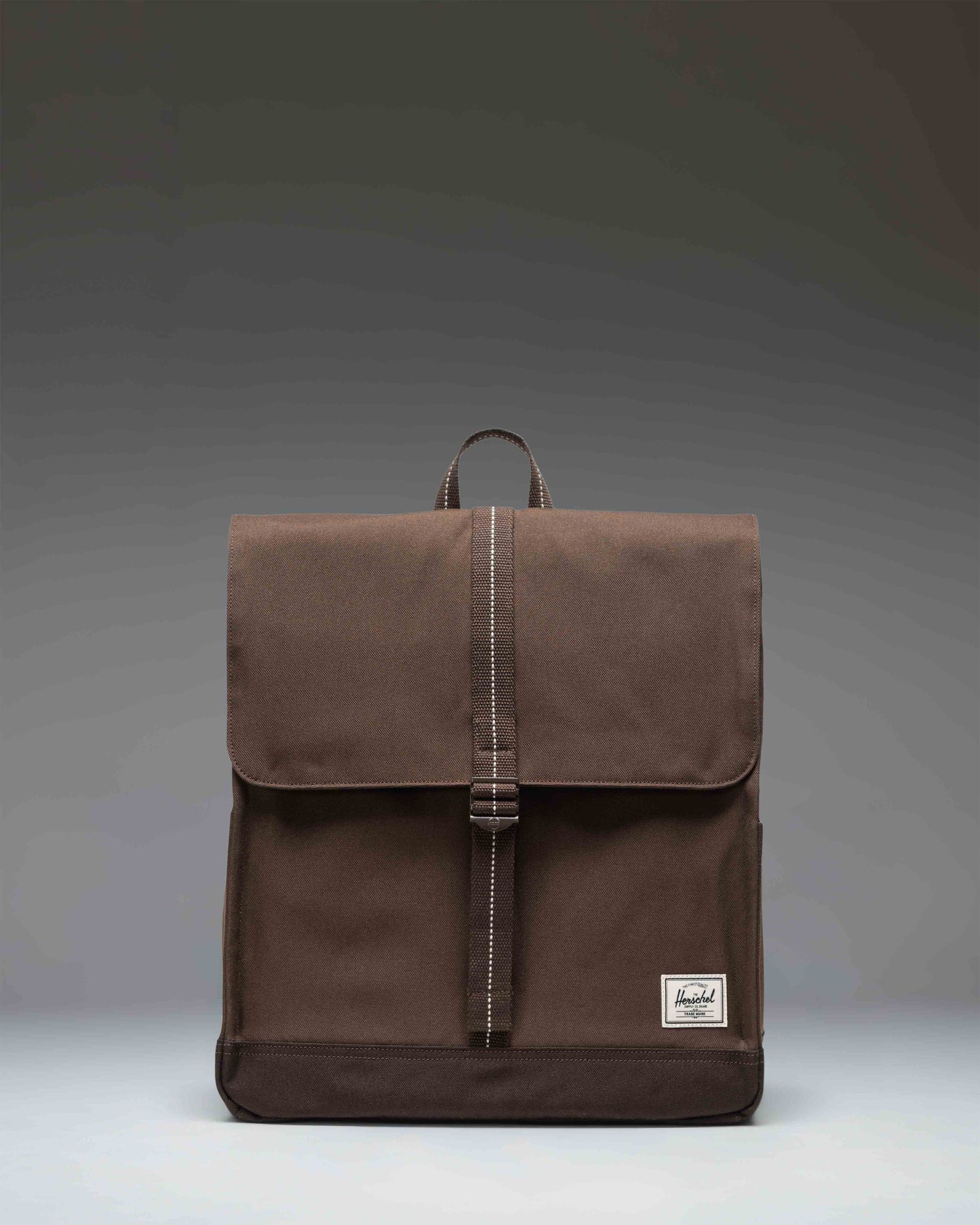 Herschel Supply Co. City Backpack in Brown Slate/Delicioso showing the front view with a single rubber strap closure.