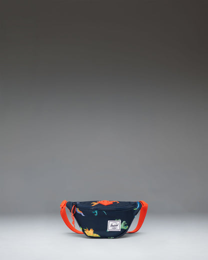 Herschel Heritage Hip Pack Little Herschel in Water Colour Dinosaurs Darkest Navy, featuring a colorful dinosaur print on a dark navy background.