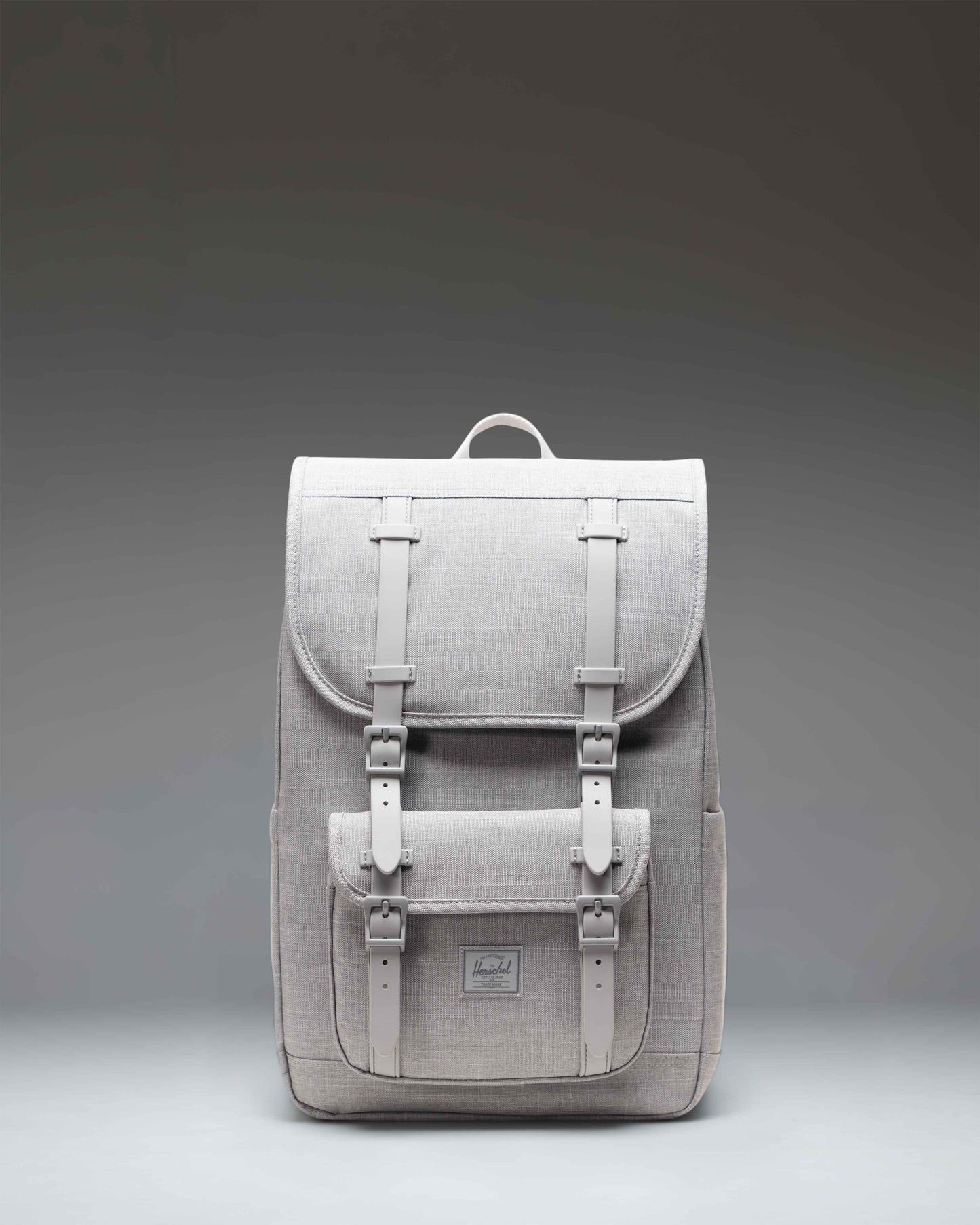 Herschel Little America Mid Backpack in Grey Crosshatch, featuring a front view with black rubber straps and a classic woven label.