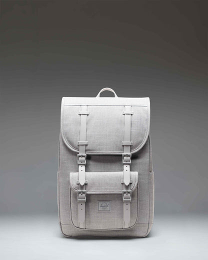 Herschel Little America Mid Backpack in Grey Crosshatch, featuring a front view with black rubber straps and a classic woven label.