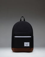 Herschel Supply Co. Pop Quiz Backpack in Black/Tan featuring a front pocket, leather accent, and signature woven label.