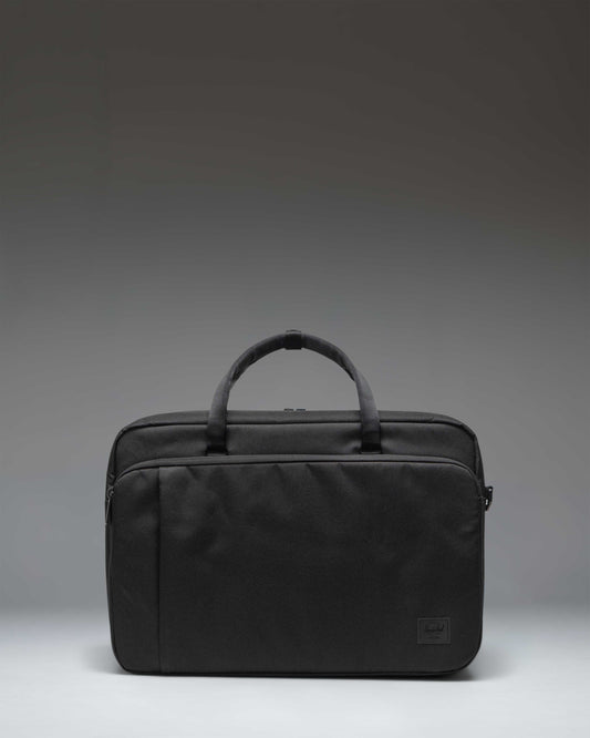 Black Herschel Supply Co. Bowen Convertible Travel Duffle Tech bag shown from the front.