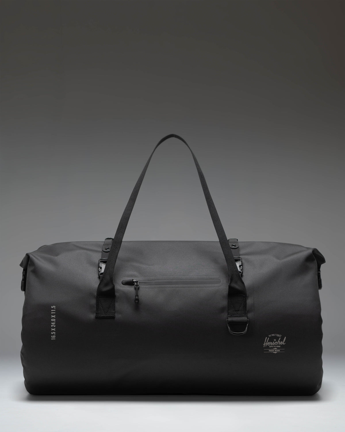 Herschel Supply Co. Dry Bag Duffle 55L in black, showcasing its durable waterproof material and roll-top closure design.