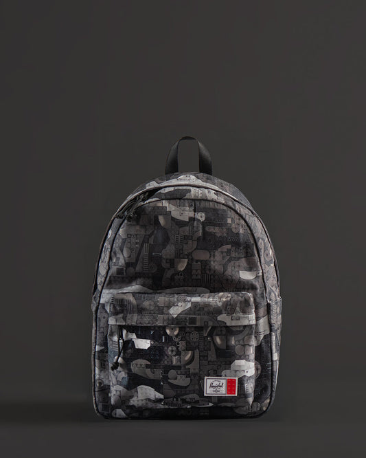 Herschel Supply Co. LEGO Classic Backpack in Abstract Bricks Black featuring a black body with a subtle tonal geometric brick pattern.