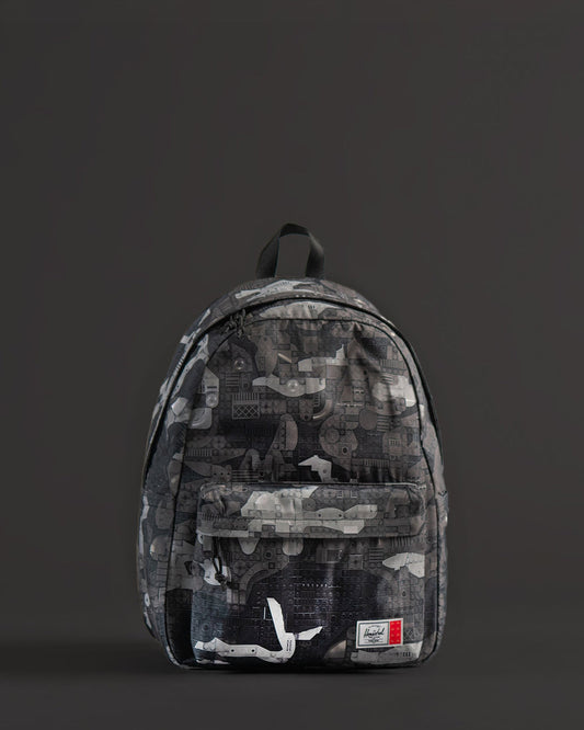 Herschel Supply Co. LEGO Classic XL Backpack in Abstract Bricks Black featuring a black exterior with subtle, tonal LEGO brick patterns.