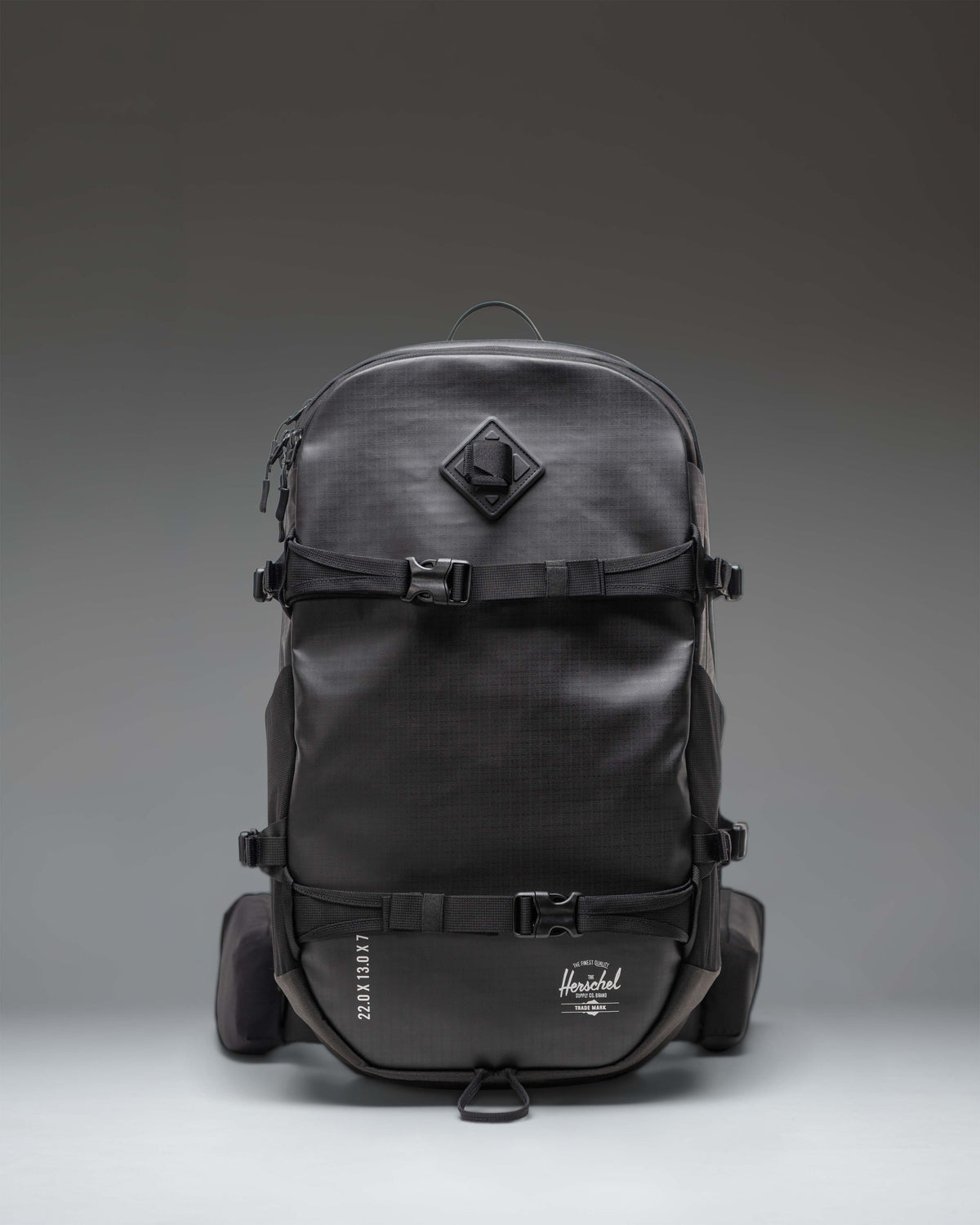 Black Herschel Supply Co. All Season Pro Backpack 36L shown from the front, highlighting its clean, functional design.