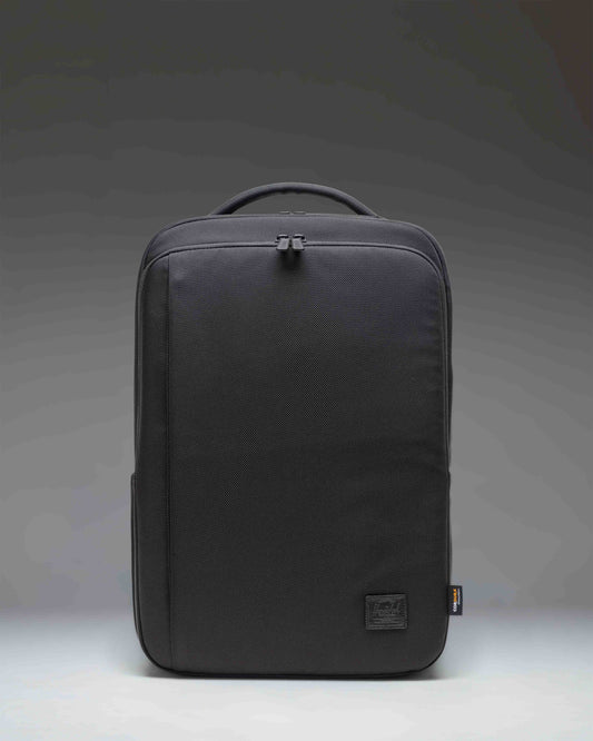 Black Herschel Supply Co. Kaslo Backpack Tech Cordura shown from the front, highlighting its durable tech-focused design and multiple compartments.