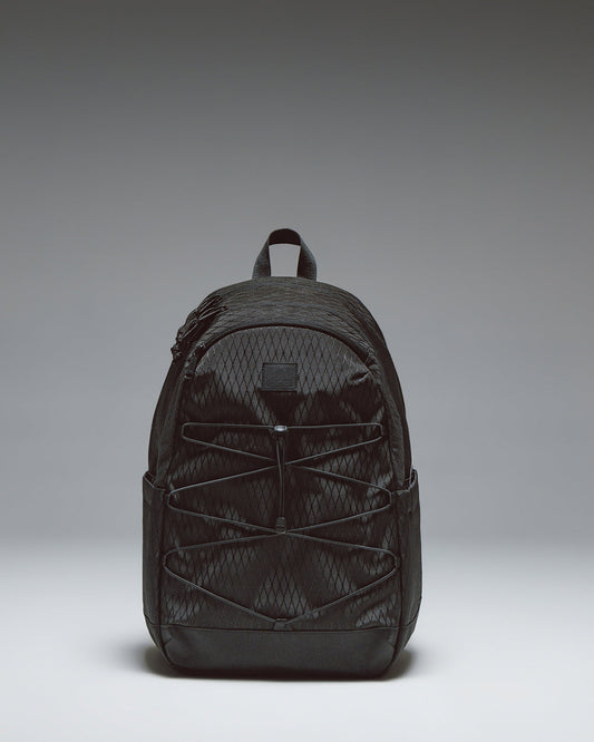 Herschel Kingston Backpack in Black Diamond/Black featuring a sporty silhouette, a front bungee cord system, and adjustable shoulder straps.