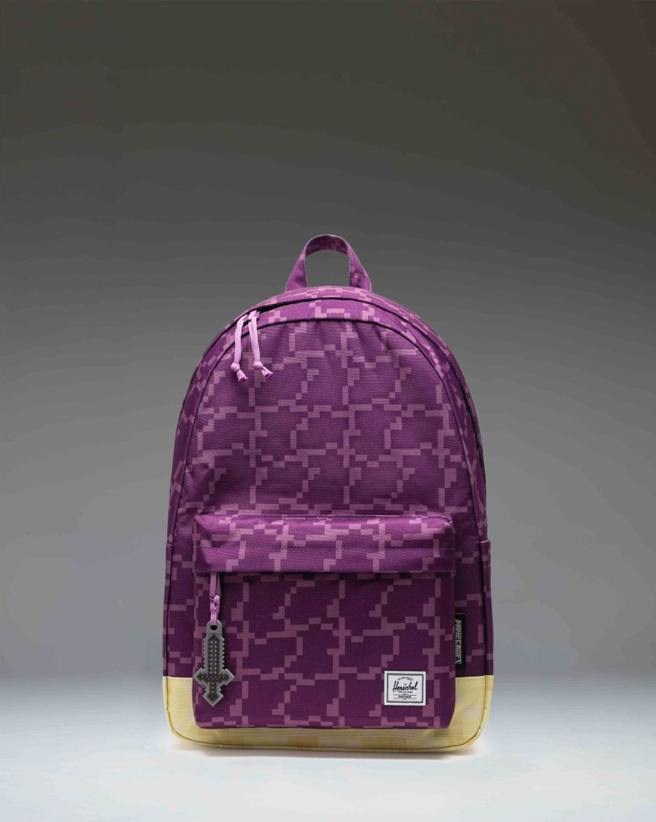 Minecraft Herschel Classic XL Backpack in The End colorway, featuring a black and purple pixelated print.