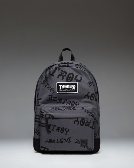 Herschel Supply Co. x Thrasher Classic XL Backpack Nylon in Asphalt/Black Destroy with signature branding and dual water bottle pockets.