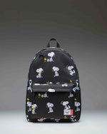 Herschel Supply Co. Peanuts Classic XL Backpack in Snoopy and Woodstock Black featuring a repeating pattern of the classic comic characters.