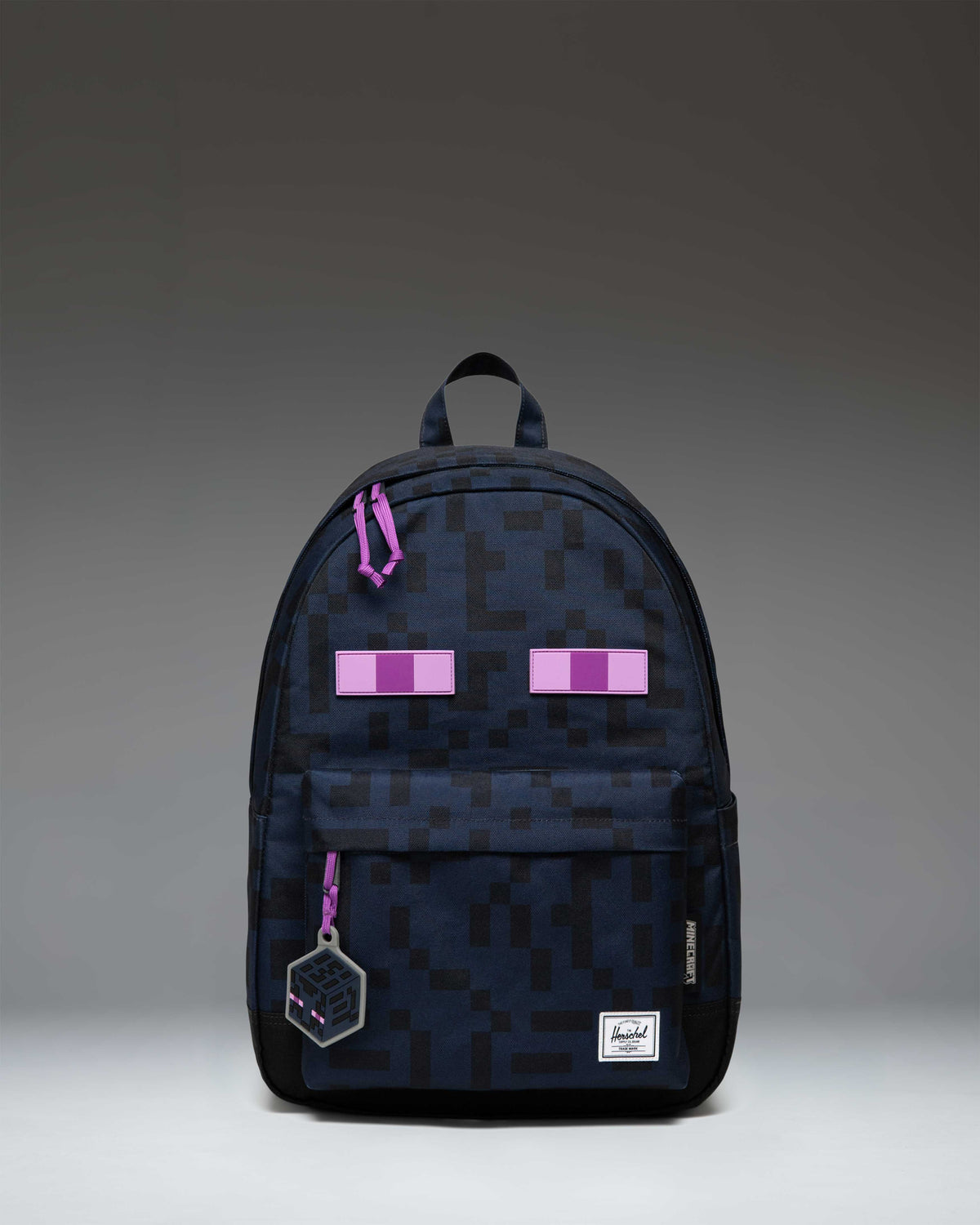 Herschel Supply Co. bag in the pixelated black and purple Minecraft Enderman colorway.