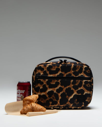Herschel Supply Co. Pop Quiz Lunch Box in Digi Leopard Light Large pattern featuring a zippered main compartment and front pocket.