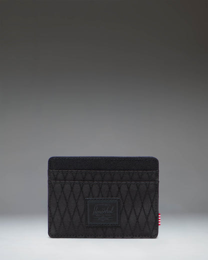Herschel Supply Co Charlie Cardholder in Black Diamond/Black showing multiple card slots and signature striped fabric liner.