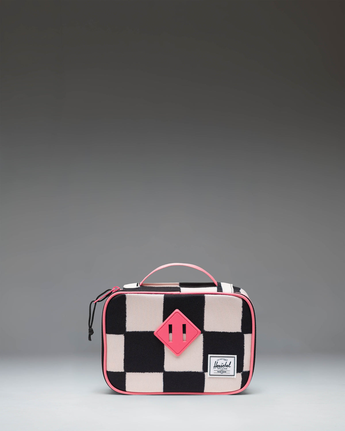 Herschel Heritage Pencil Case Little Herschel in Check This Confetti, showing the side view and classic woven label.