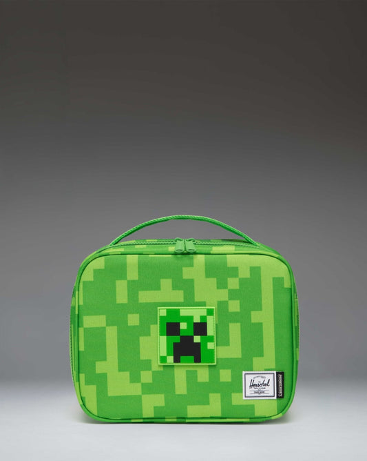 Minecraft Pop Quiz Lunch Box Little Herschel in green Creeper pattern featuring the iconic blocky pixel design from the game.