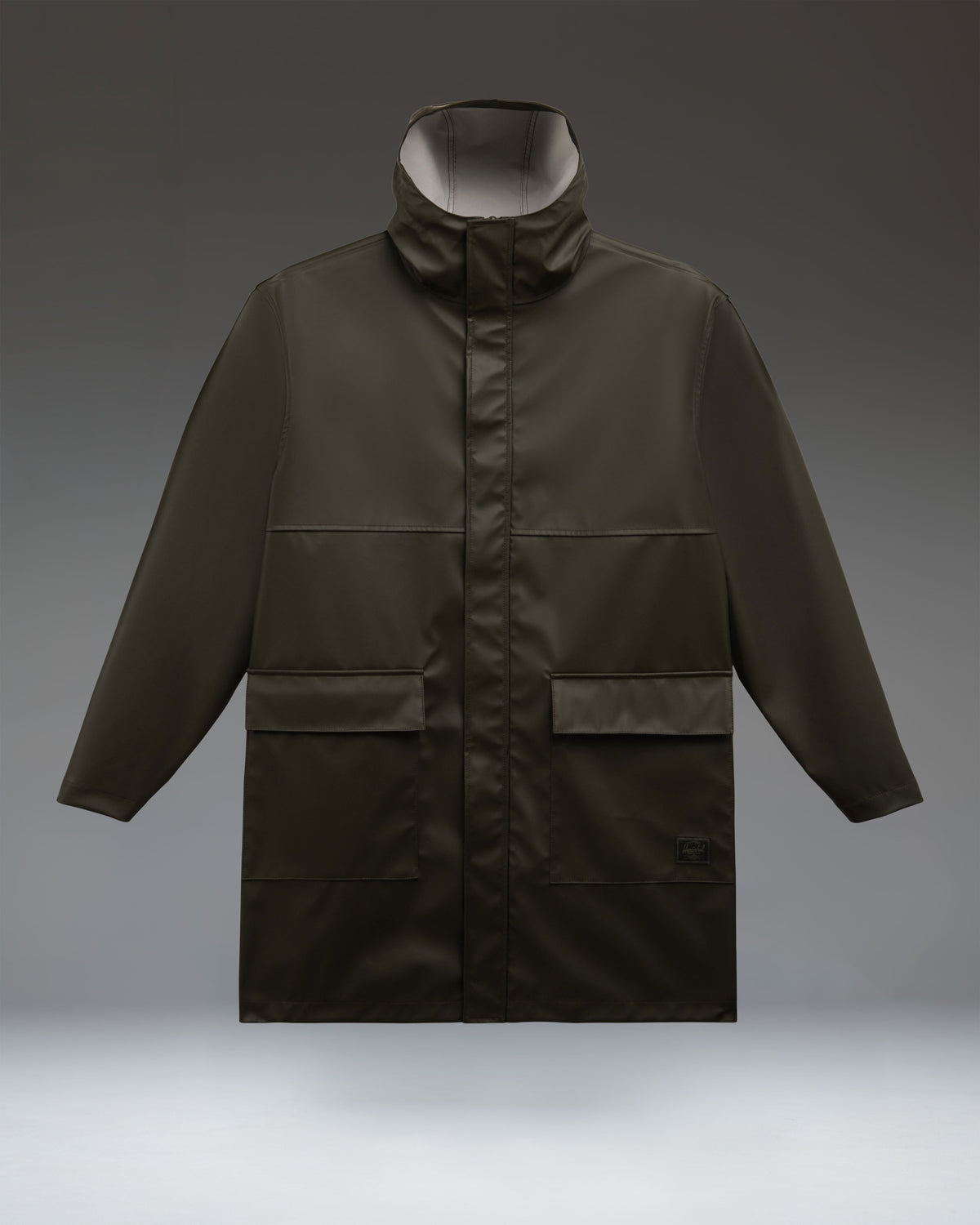 Men's Herschel Supply Co Long Classic Rain Jacket in rosin green, front view.