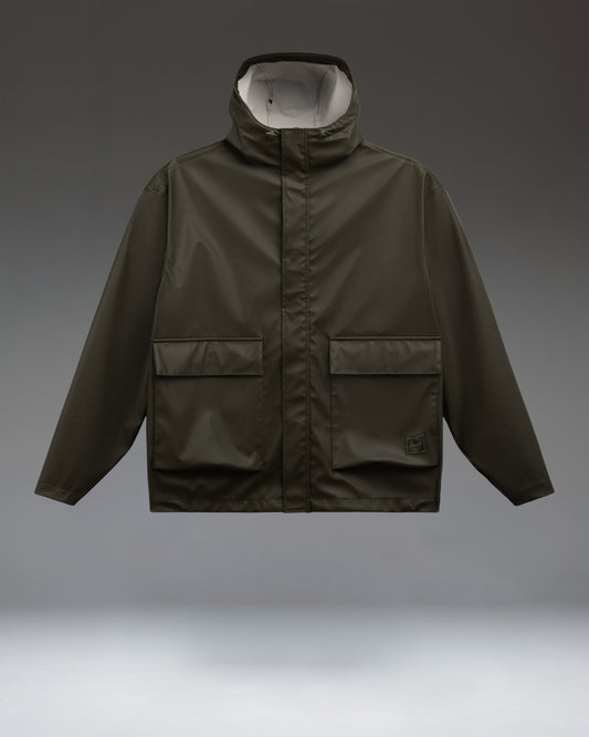 Herschel Supply Co. McLeod Rain Jacket Men's in Rosin, a water-resistant, windproof olive green jacket featuring a hood, hem, and adjustable cuffs.