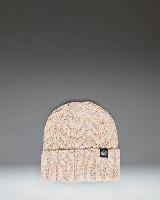 Herschel Supply Co. Ellis Cable Beanie in Vintage White Marled, featuring a classic cabled knit texture and a folded cuff.