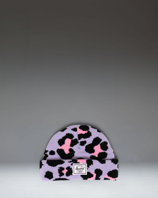 Herschel Supply Co. Elmer Baby Graphic Beanie 0–6 Months in Scribble Leopard Sachet Pink, featuring a pink knit hat with a black leopard print.