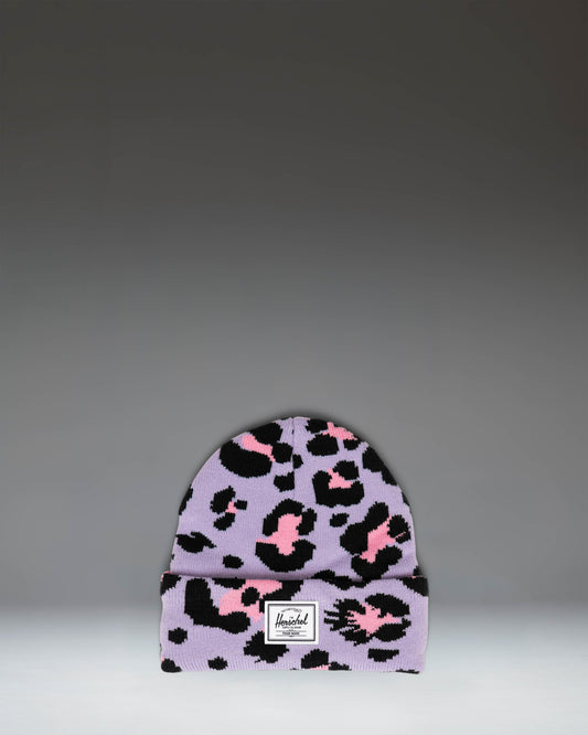 Herschel Supply Co. Elmer Kids Graphic Beanie in Scribble Leopard Sachet Pink, featuring a pink knit with a black and gray leopard print.