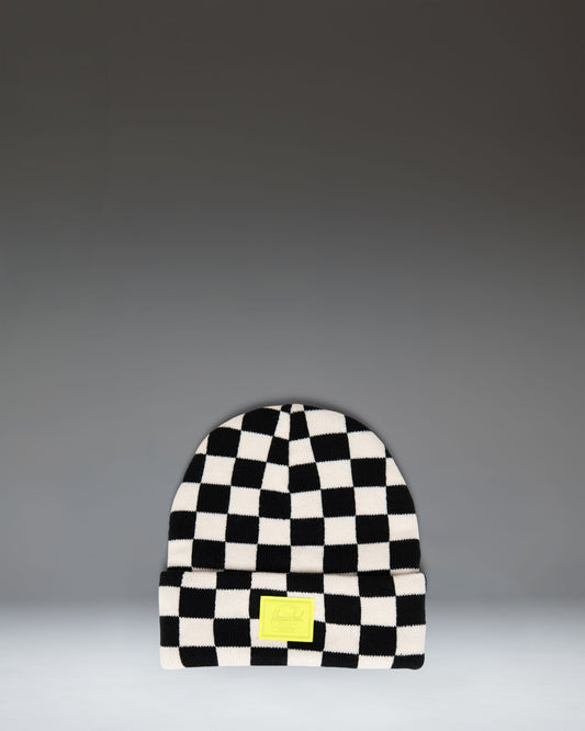 Herschel Supply Co Elmer Kids Graphic Beanie in a black and white checkerboard pattern.