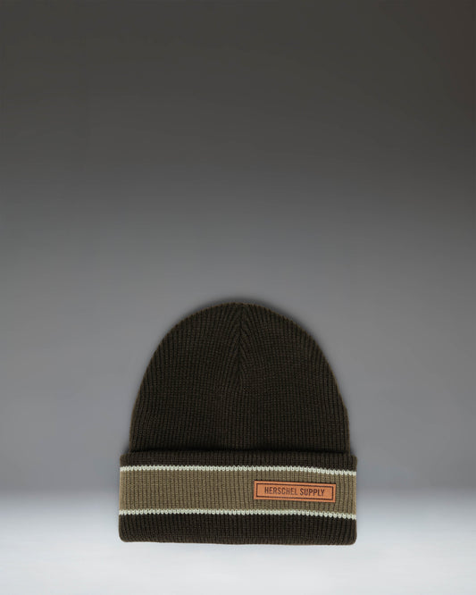 Herschel Supply Co. Elmer Ribbed Vintage Stripe beanie in Rosin green, featuring a classic ribbed knit design and a folded cuff.
