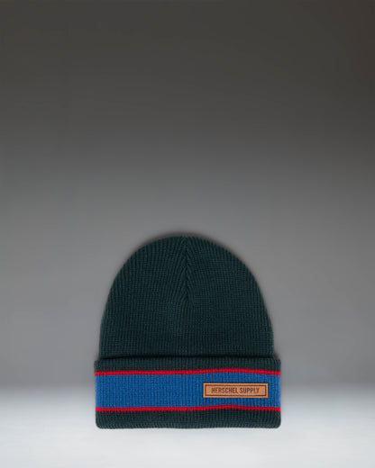 Herschel Supply Co. Elmer Ribbed Vintage Stripe beanie in Ponderosa Pine green, featuring a classic cuffed design and a woven logo label.