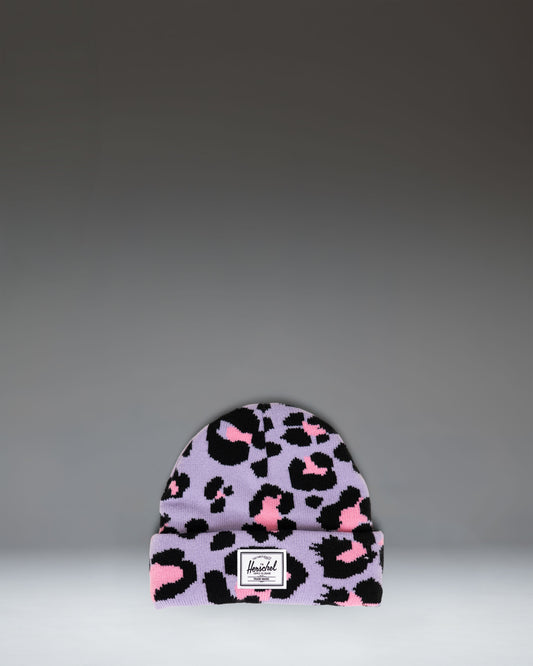 Herschel Supply Co. Elmer Toddler Graphic Beanie in Scribble Leopard Sachet Pink, a pink knit beanie with black leopard spots for ages 1-3.
