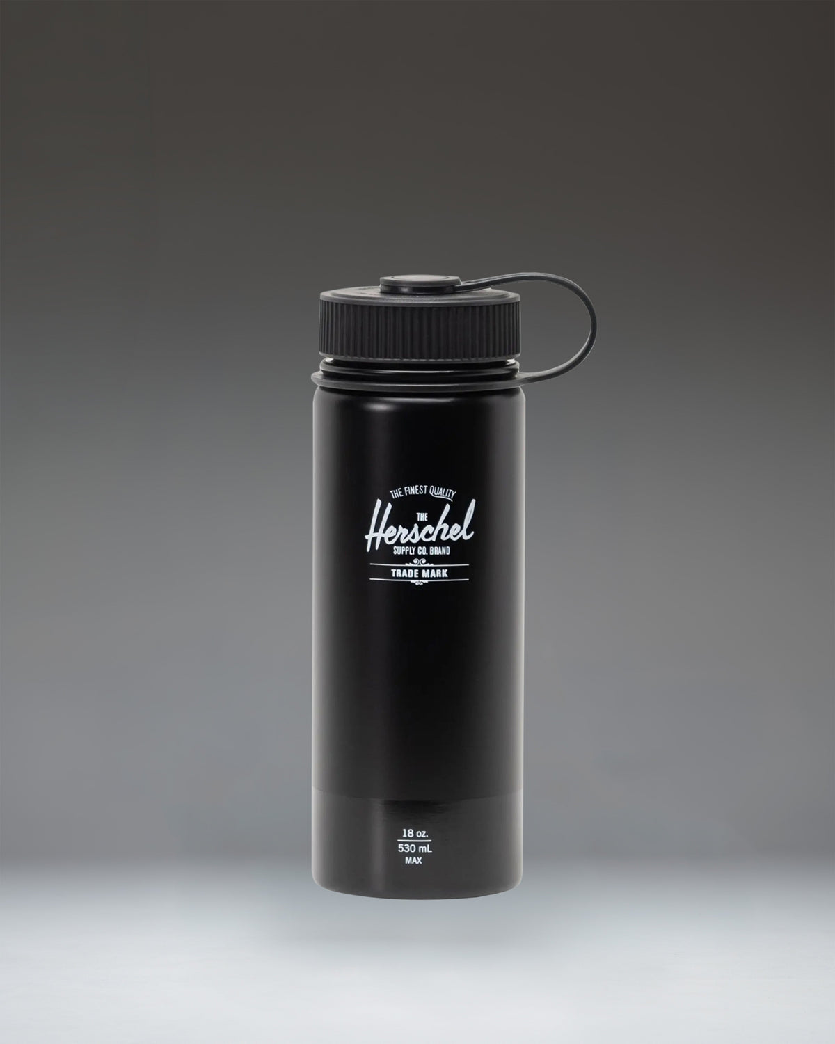 Herschel Supply Co. matte black insulated 18oz water bottle with a gloss finish logo band.