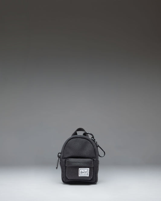 Herschel Classic Backpack Bag Charm in black, showing the front view of a miniature backpack keychain accessory.